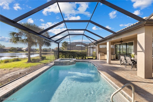 view of swimming pool with ceiling fan, a patio area, a lanai, area for grilling, and a water view