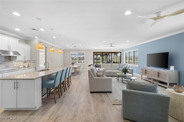 living room featuring ceiling fan, crown molding, light wood-type flooring, and sink