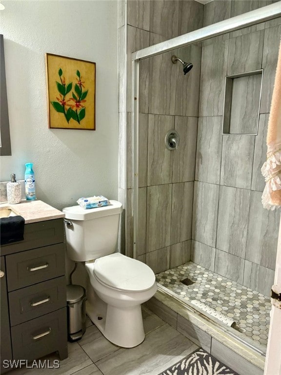 bathroom with vanity, a shower with shower door, and toilet