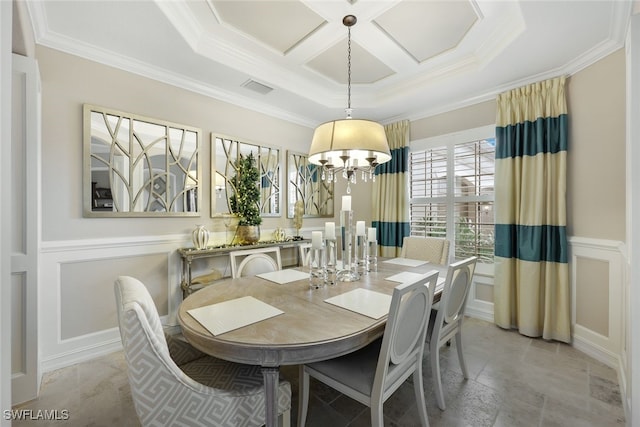 dining space with crown molding, beamed ceiling, coffered ceiling, and a notable chandelier