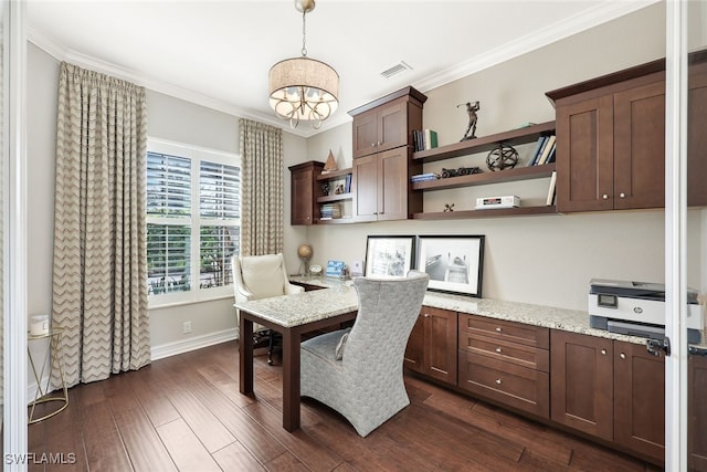 office area featuring dark hardwood / wood-style flooring, an inviting chandelier, and ornamental molding