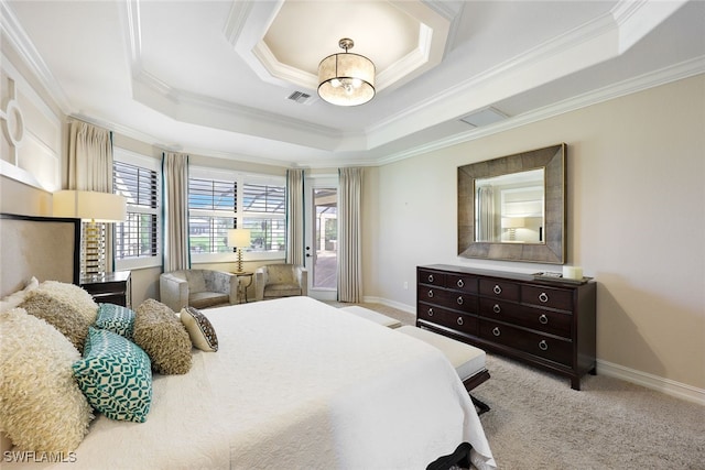 bedroom featuring a raised ceiling, light colored carpet, and multiple windows