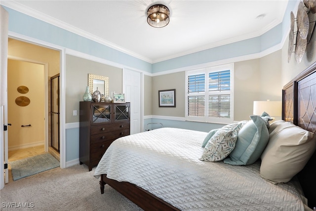 bedroom featuring crown molding and light carpet