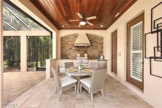 exterior space with ceiling fan, wood ceiling, and sink