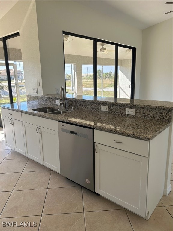 kitchen featuring stainless steel dishwasher, sink, white cabinetry, and dark stone countertops