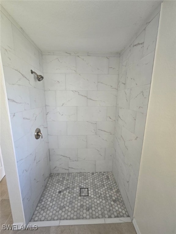 bathroom featuring tile patterned floors and a tile shower