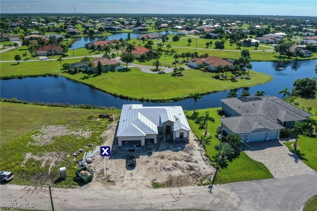 bird's eye view with a water view