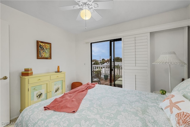 bedroom featuring ceiling fan and access to outside