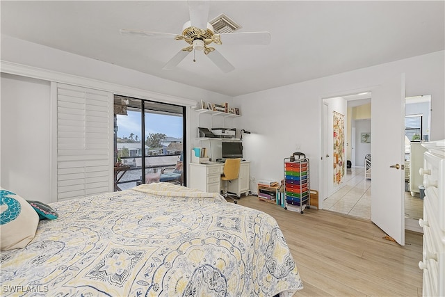 bedroom with access to outside, ceiling fan, and light hardwood / wood-style floors