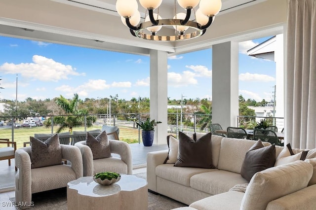 interior space with a wall of windows and an inviting chandelier