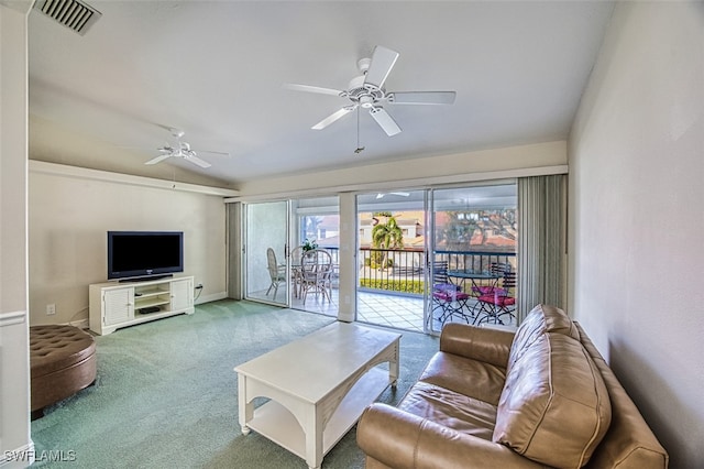 carpeted living room featuring ceiling fan