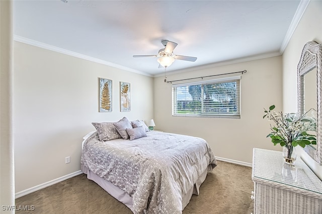 carpeted bedroom featuring ceiling fan and ornamental molding