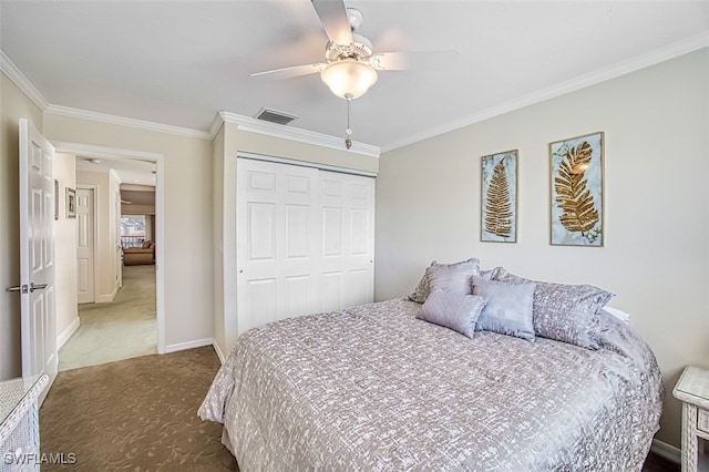 carpeted bedroom with a closet, ornamental molding, and ceiling fan