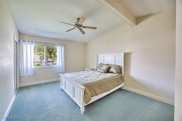 bedroom featuring carpet flooring, ceiling fan, and lofted ceiling with beams