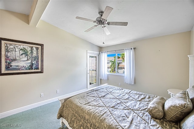 carpeted bedroom with lofted ceiling with beams and ceiling fan