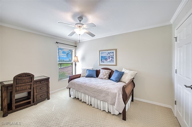 bedroom featuring light carpet, ceiling fan, and ornamental molding