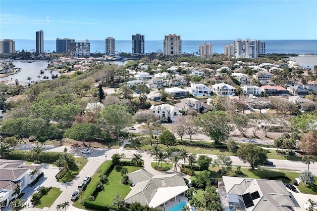 bird's eye view with a water view