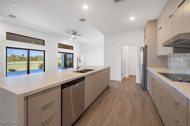 kitchen featuring sink, appliances with stainless steel finishes, ceiling fan, light hardwood / wood-style floors, and backsplash