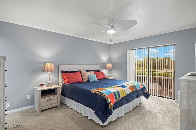 carpeted bedroom with access to outside and ceiling fan