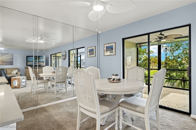 dining area featuring ceiling fan and light carpet