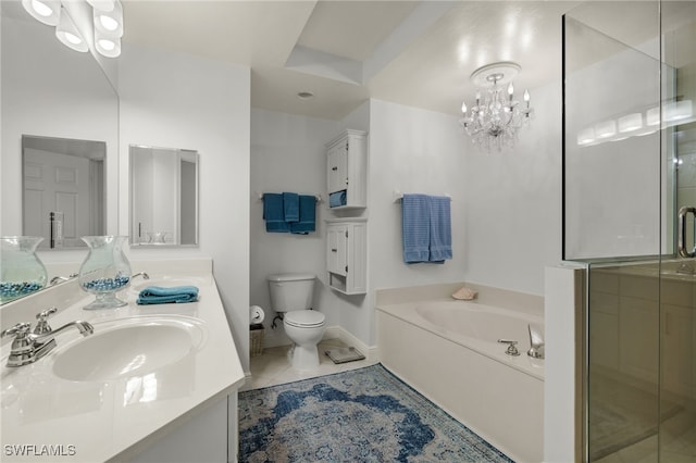 full bathroom featuring vanity, shower with separate bathtub, toilet, and tile patterned flooring