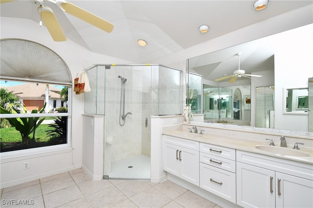 bathroom featuring vanity, an enclosed shower, tile patterned floors, and ceiling fan