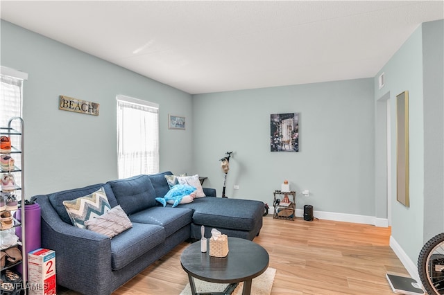 living room featuring a wealth of natural light and hardwood / wood-style floors