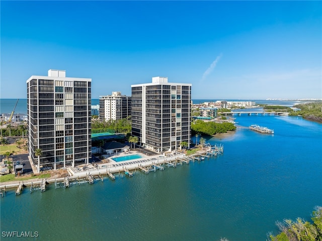 drone / aerial view with a water view