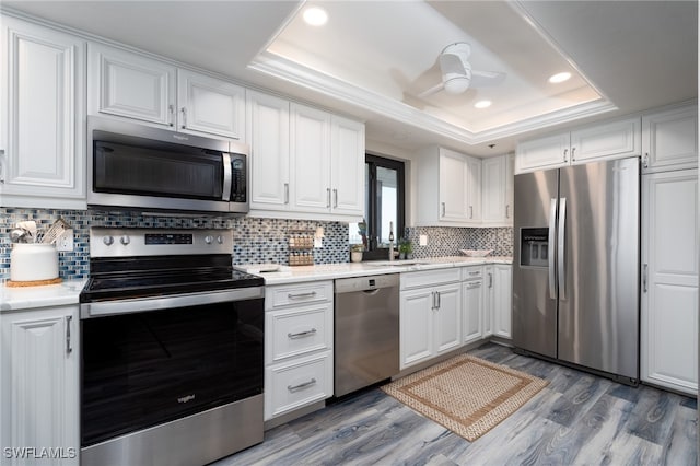 kitchen with stainless steel appliances, a tray ceiling, hardwood / wood-style floors, white cabinetry, and tasteful backsplash