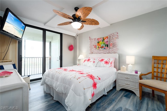 bedroom with dark hardwood / wood-style floors, access to exterior, and ceiling fan