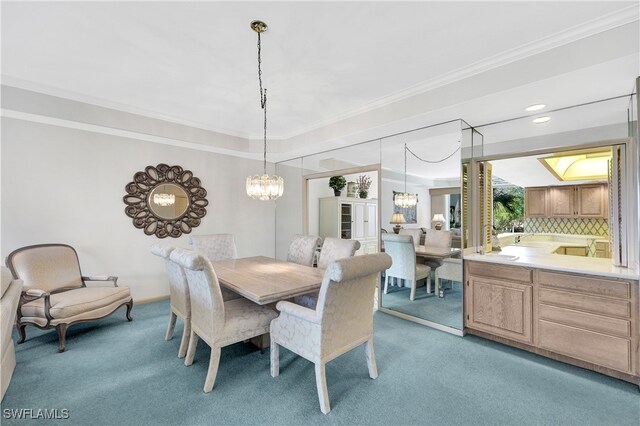 carpeted dining area with crown molding