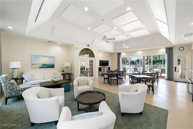8410 Abbington Cir Unit A22, Naples, FL 34108 - living room with light tile patterned floors, ceiling fan, recessed lighting, and french doors
