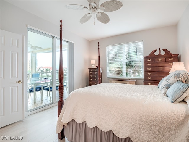 bedroom featuring access to outside, ceiling fan, and light wood-type flooring