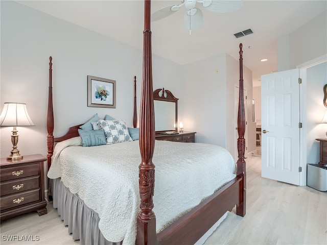 bedroom featuring ceiling fan and light hardwood / wood-style flooring