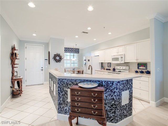 kitchen featuring white cabinets, light tile patterned flooring, crown molding, a spacious island, and white appliances