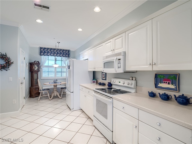 kitchen with white cabinetry, white appliances, decorative light fixtures, and crown molding