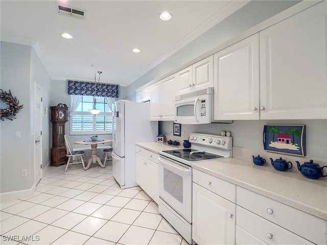 20011 Sanibel View Cir # 203, Fort Myers, FL 33908 - kitchen featuring white appliances, ornamental molding, light countertops, white cabinetry, and recessed lighting