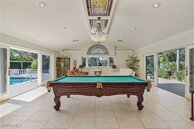 rec room featuring light tile patterned flooring, ornamental molding, billiards, and vaulted ceiling