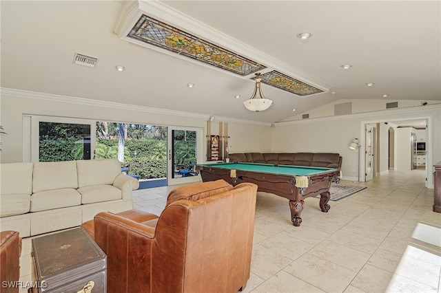 recreation room with light tile patterned floors, ornamental molding, lofted ceiling, and pool table