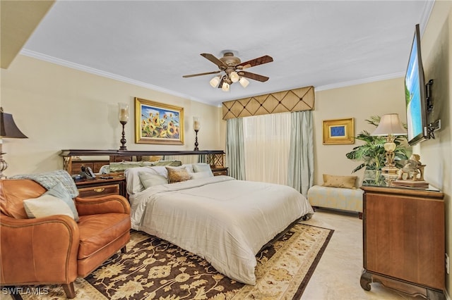 bedroom with ceiling fan and ornamental molding