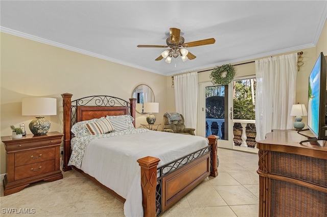 bedroom with access to outside, ceiling fan, crown molding, and light tile patterned flooring