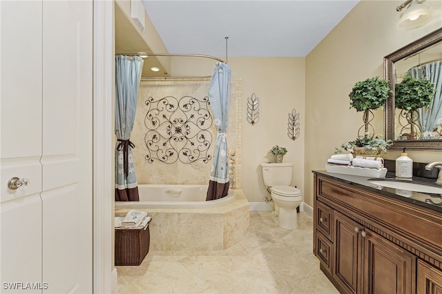 full bathroom featuring tile patterned flooring, vanity, toilet, and shower / tub combo with curtain