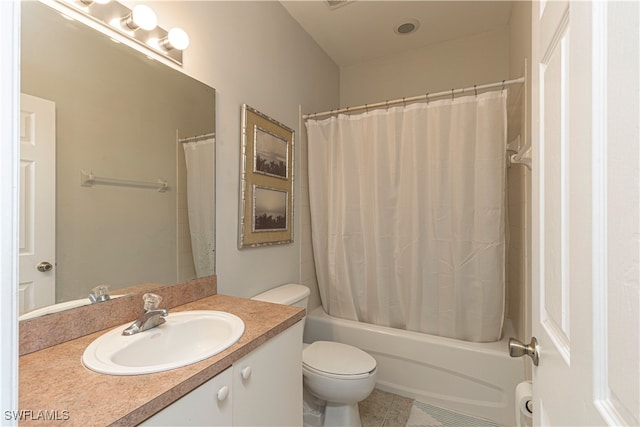 full bathroom featuring toilet, vanity, shower / bath combination with curtain, and tile patterned floors