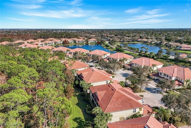 drone / aerial view featuring a water view