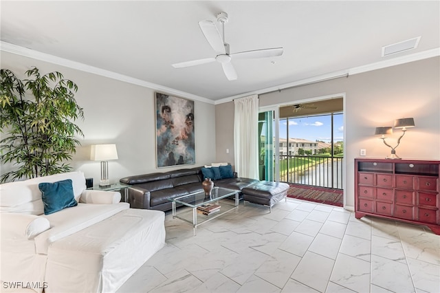 living room with ornamental molding, a water view, and ceiling fan