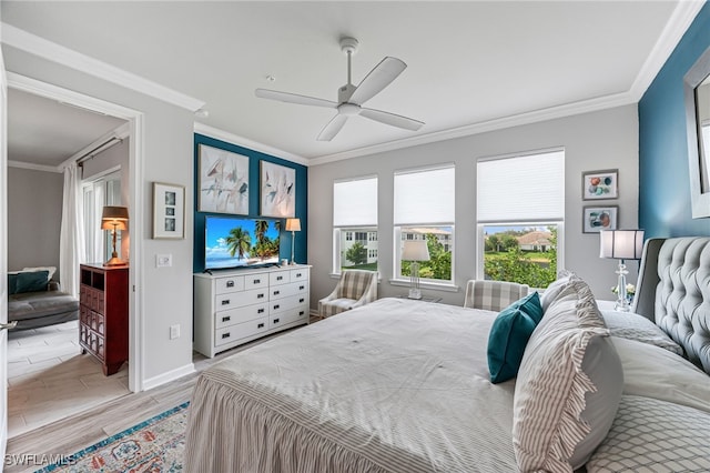 4705 Arboretum Cir Unit 202, Naples, FL 34112 - bedroom with crown molding, light wood-style floors, and ceiling fan