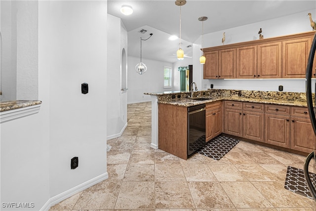 kitchen with black dishwasher, pendant lighting, light stone countertops, sink, and kitchen peninsula