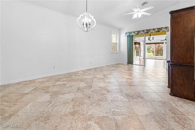 spare room featuring ceiling fan with notable chandelier, lofted ceiling, and ornamental molding