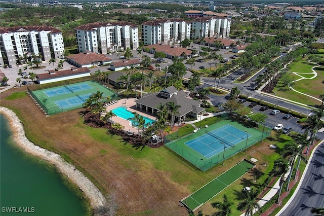 drone / aerial view with a water view