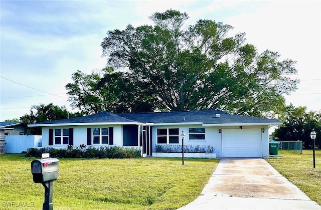 ranch-style home featuring a garage and a front lawn